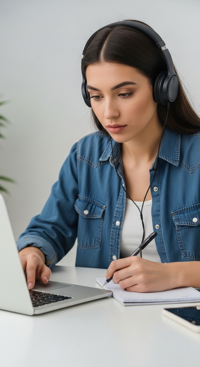 female college student with headphones taking notes at her laptop