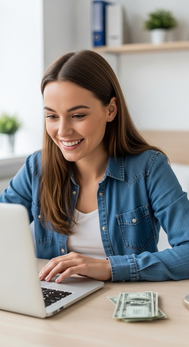 female college student smiling at her laptop at her desk