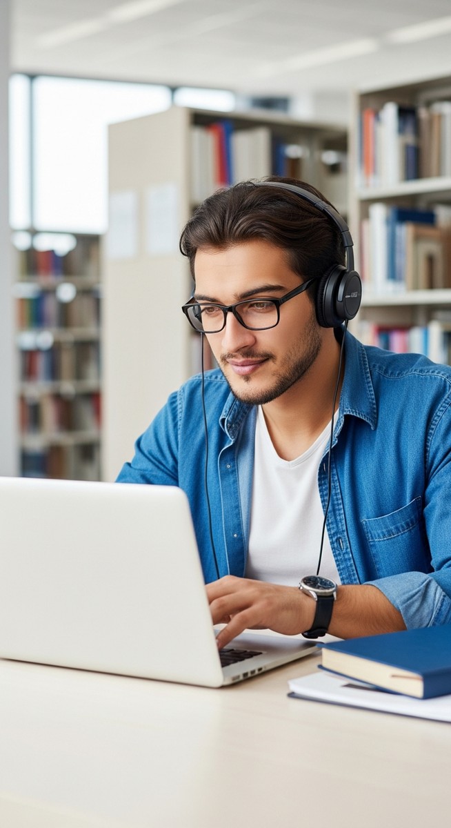 a male college student working on a laptop in a library for college students