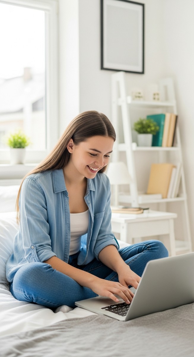 a teenage girl working on a laptop on her bed to make money as a teen