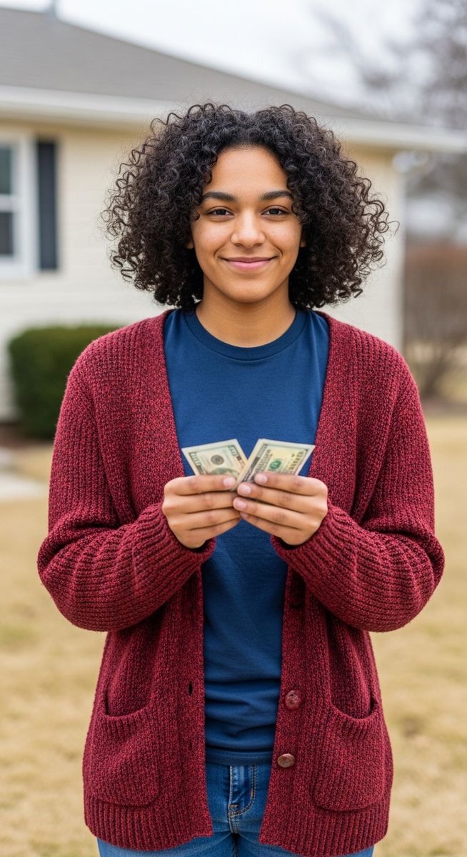 a young person holding cash looking pleased to make money as a teen