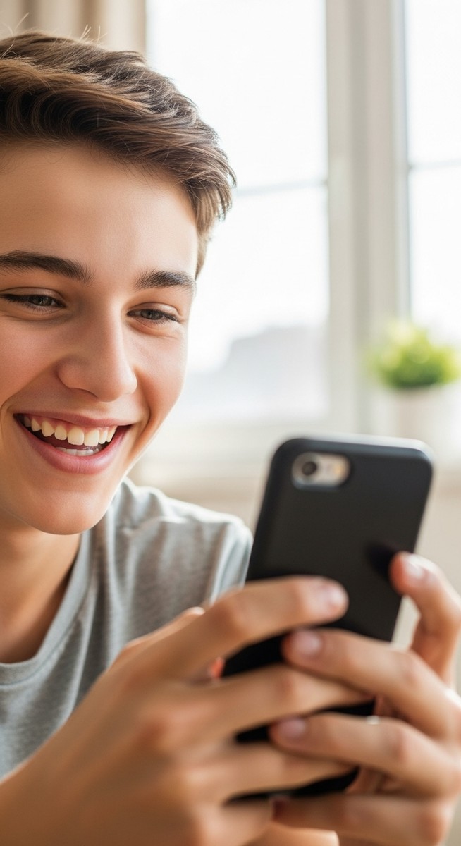 teenage boy smiling at his phone at home