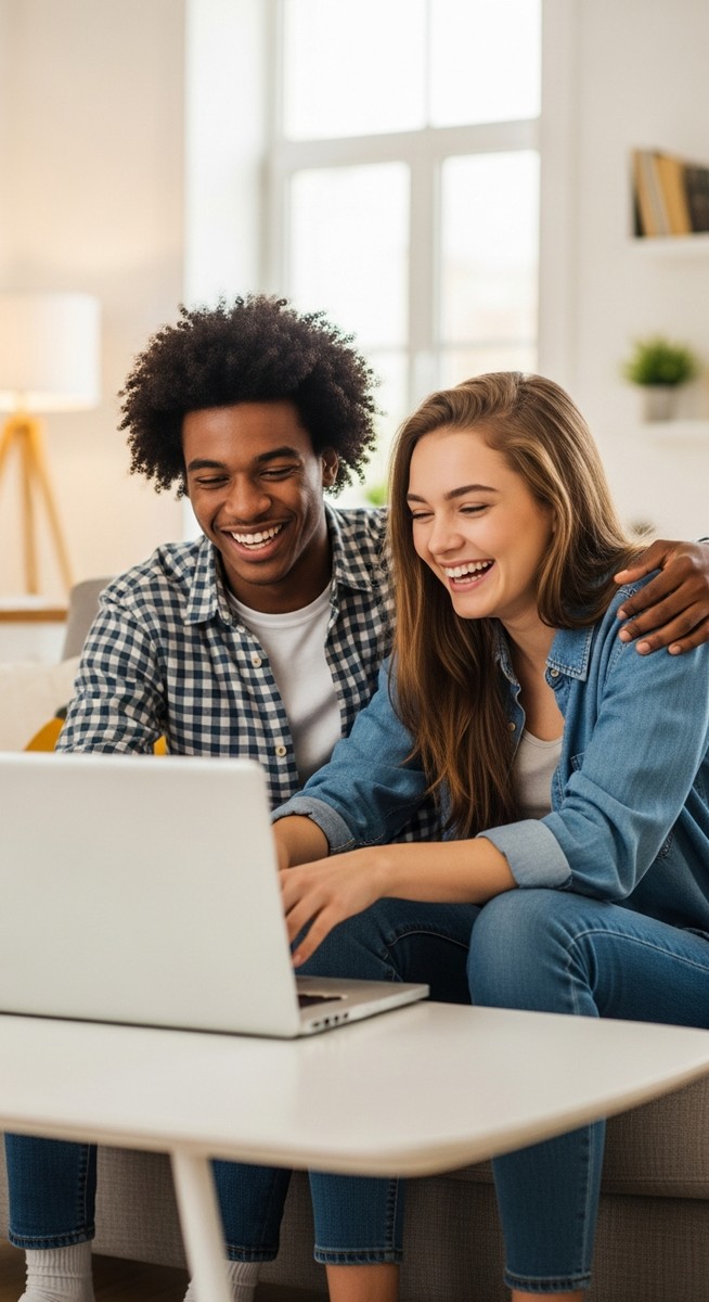a two teenagers looking at a laptop together and laughing to make money as a teen