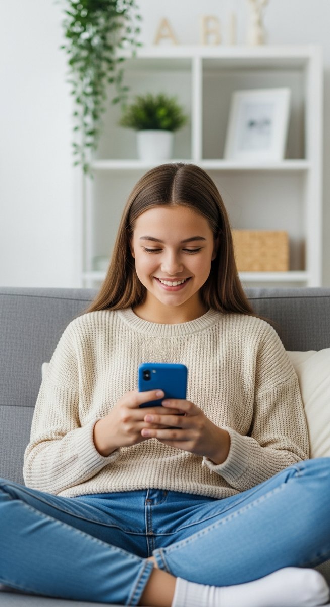 teenage girl smiling at her phone at home