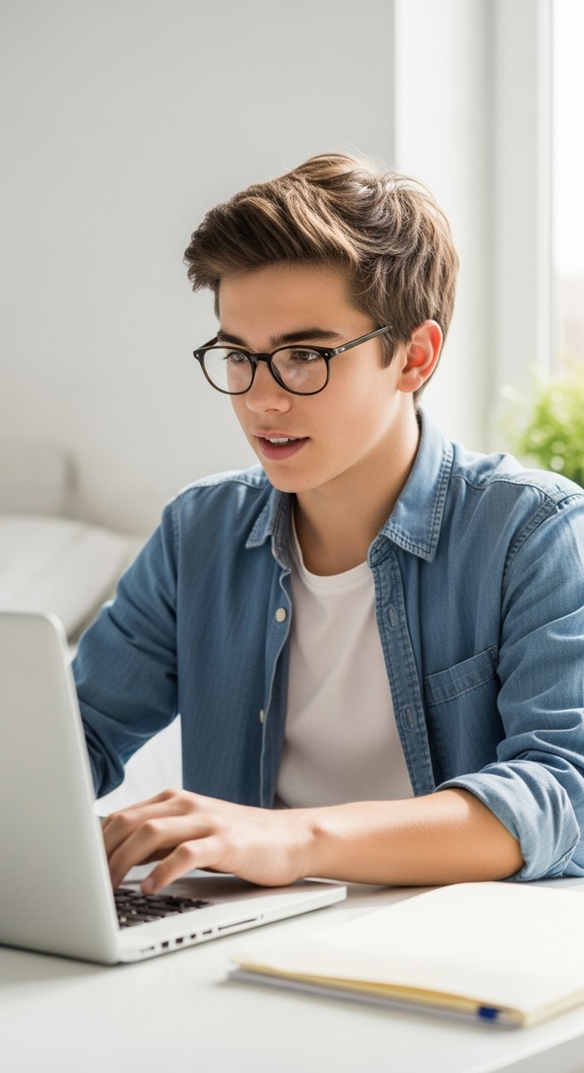 a teenage boy working on a laptop at a desk to make money as a teen
