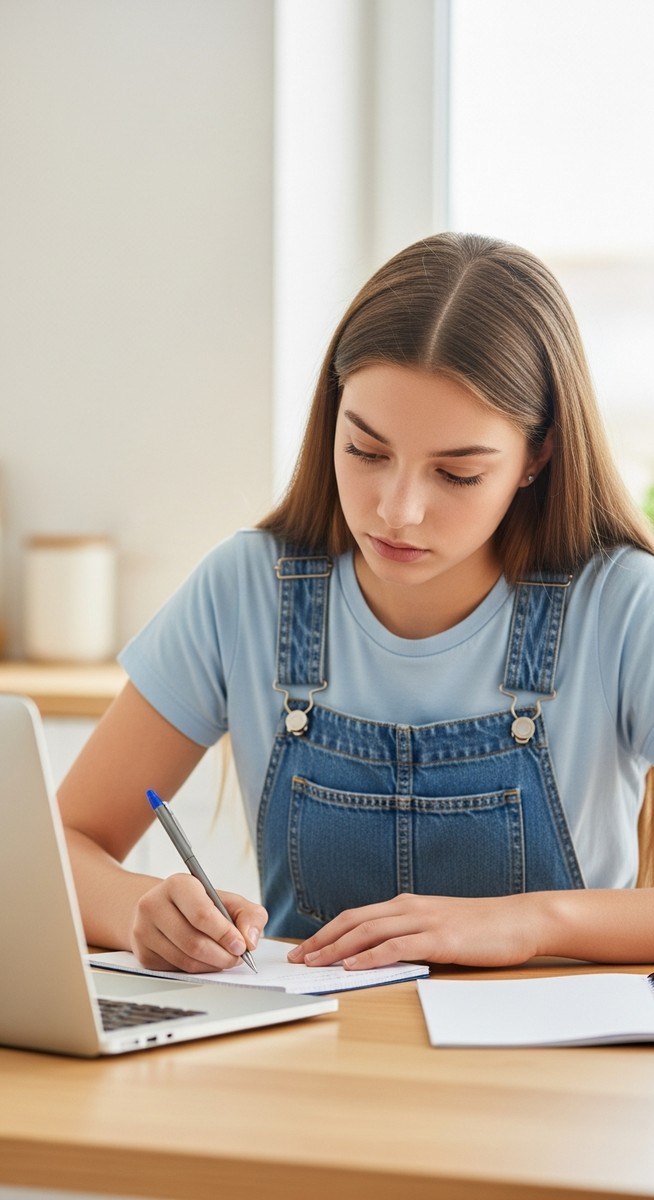 a teenage girl taking notes next to a laptop at a kitchen table to make money as a teen