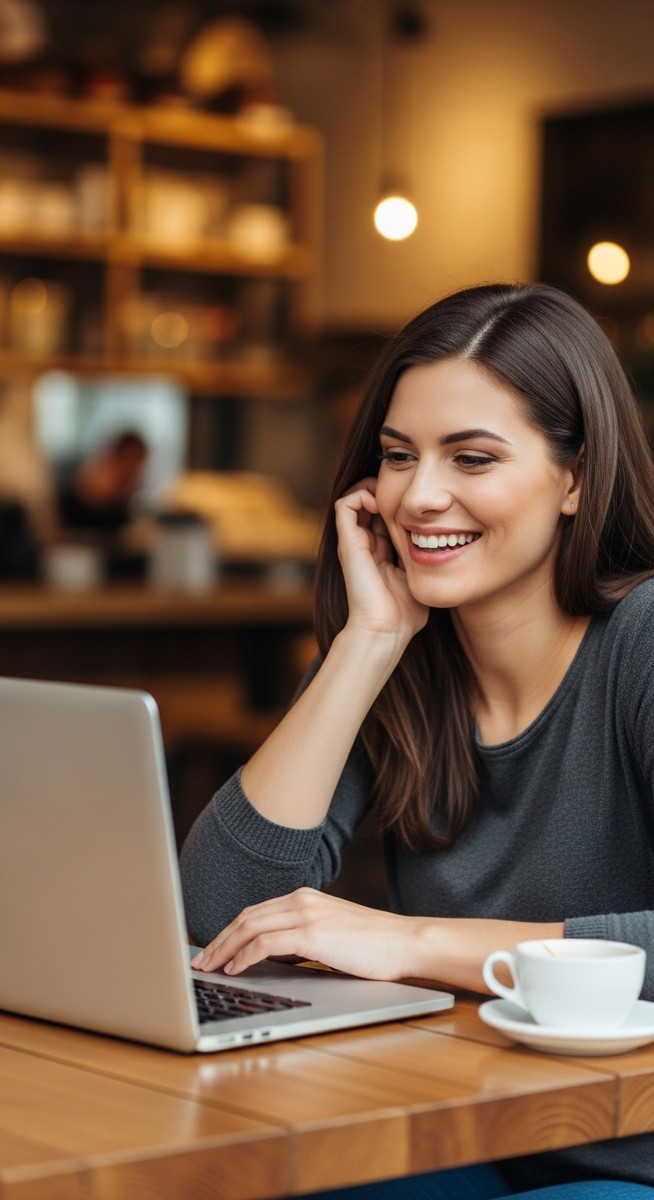 woman working happily on her laptop