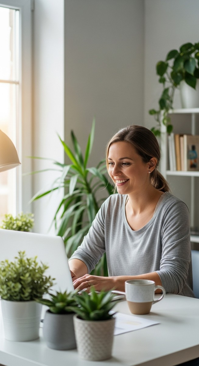woman working confidently on her laptop at a bright home desk