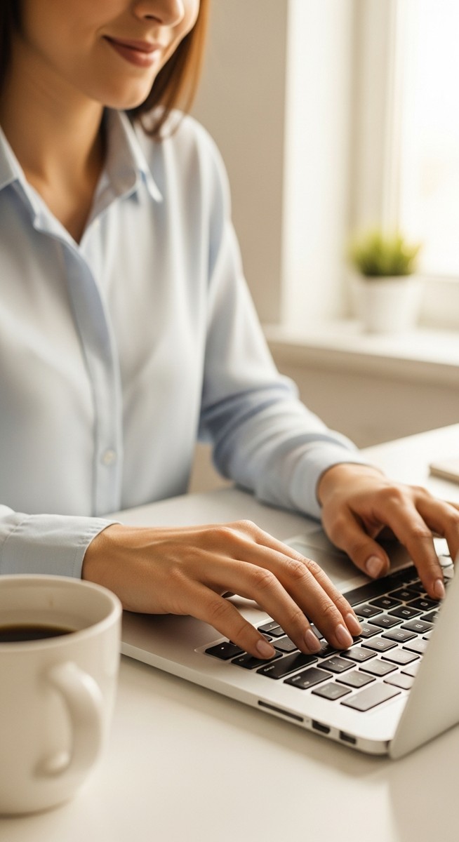 woman typing on a laptop at a bright clean desk