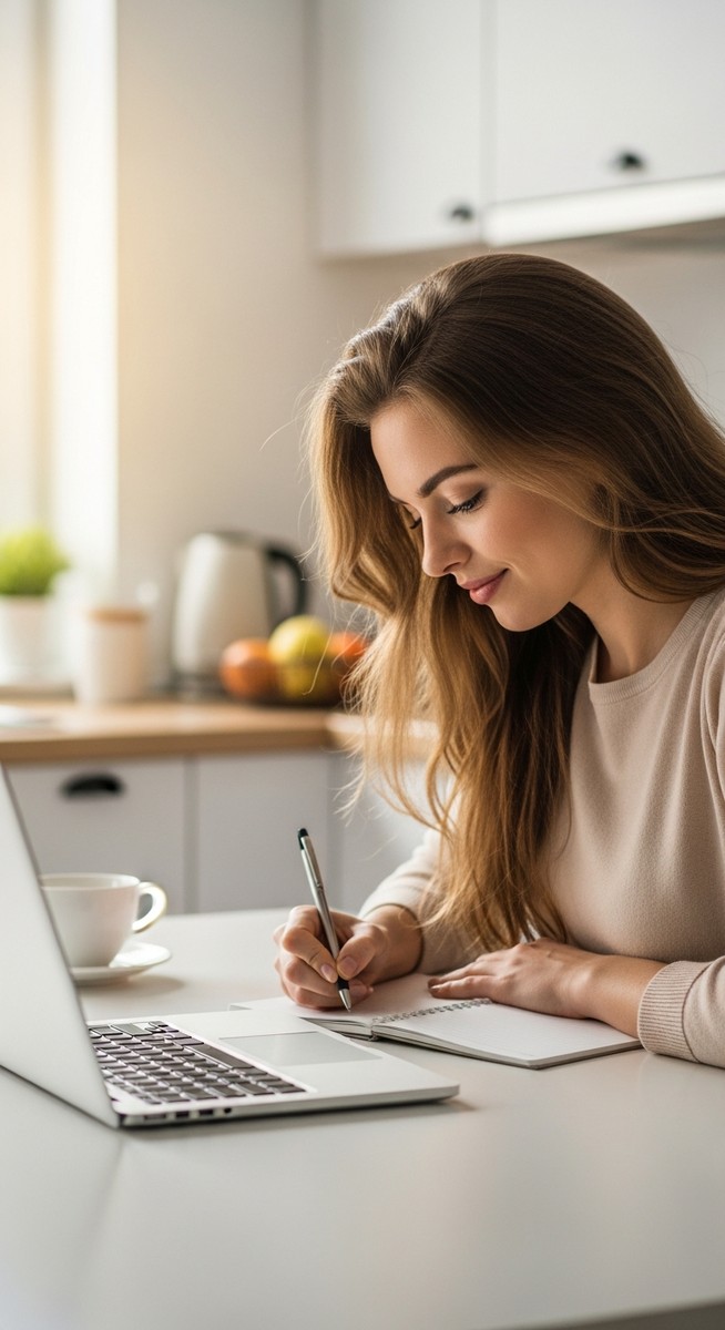 young woman taking notes next to her laptop at a kitchen table