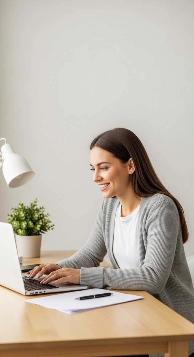 a woman looking satisfied at her laptop screen at home for stay-at-home moms