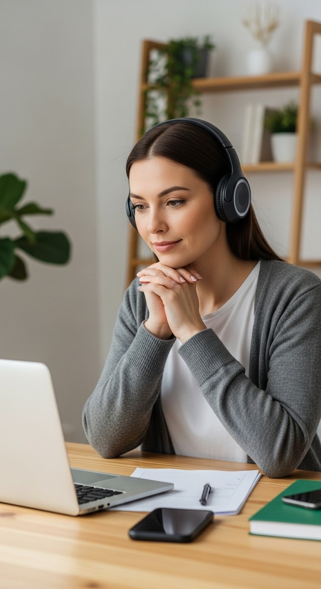 woman listening carefully during an online tutoring session