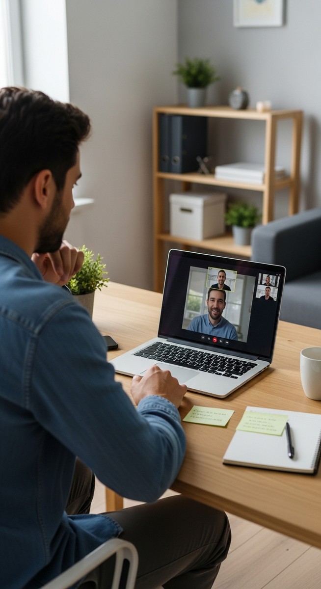 man at his desk during an online tutoring video call