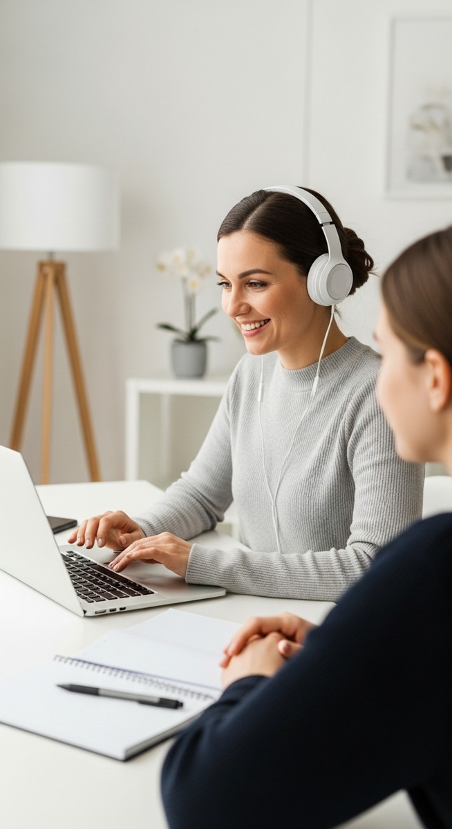 a woman tutoring online with headphones and a laptop for tutoring