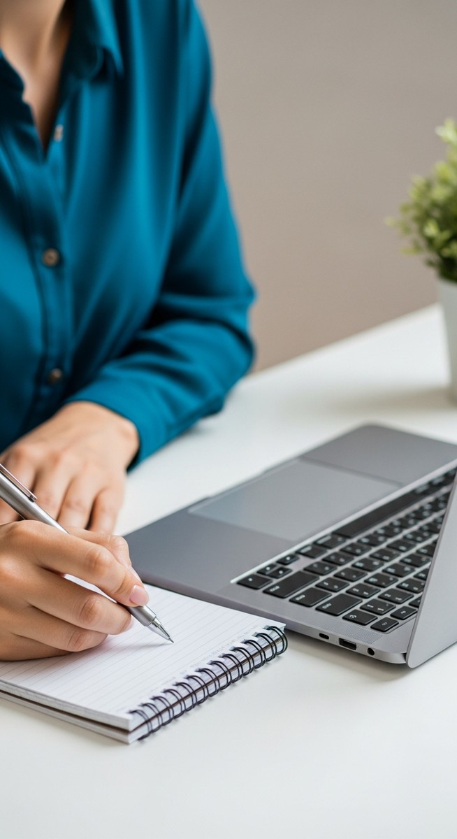 hands writing notes next to a laptop during an online tutoring session