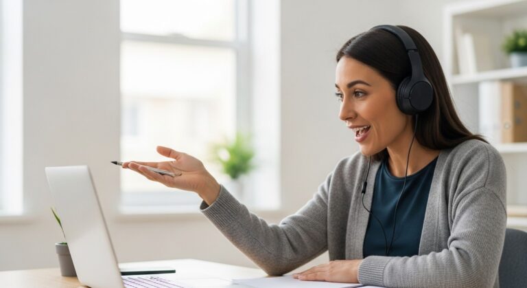 a woman gesturing at her laptop screen during an online tutoring session for tutoring
