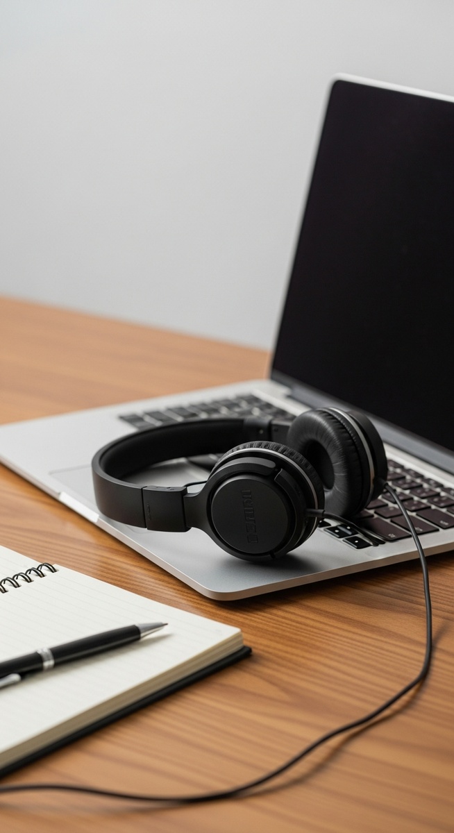 headphones and laptop on a desk ready for online tutoring