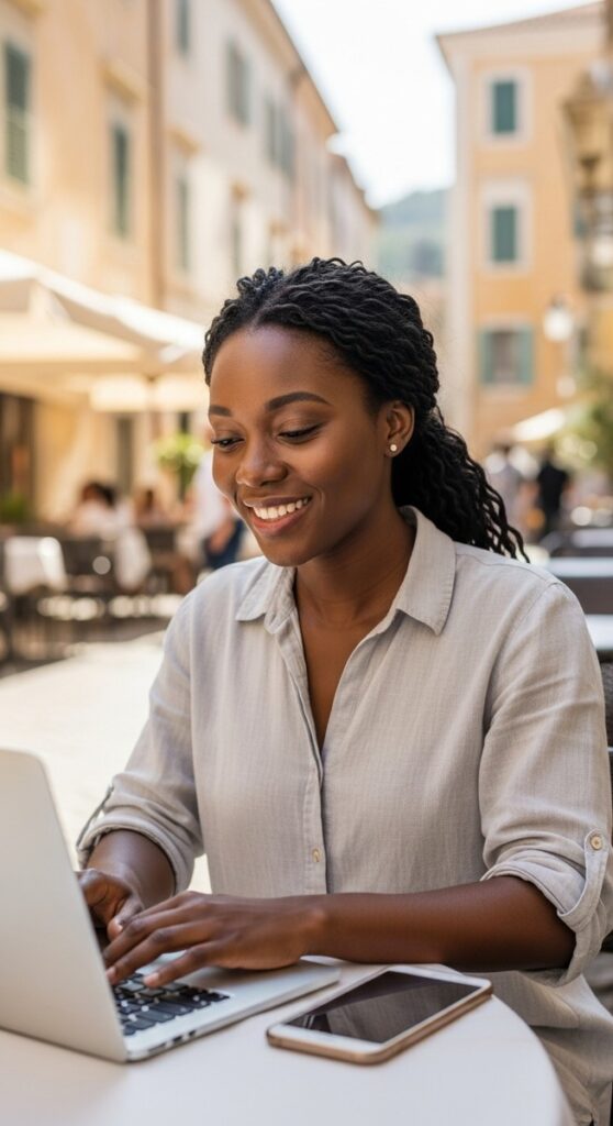 woman working on a laptop at an outdoor café table in a foreign city