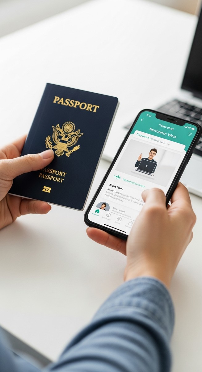 a hands holding a passport and a smartphone showing a travel app for college students