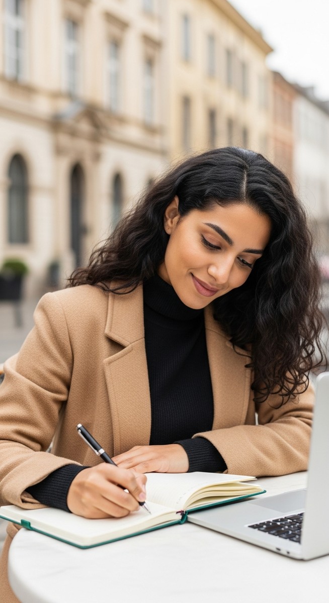 woman writing in a travel journal with a laptop at a café table abroad