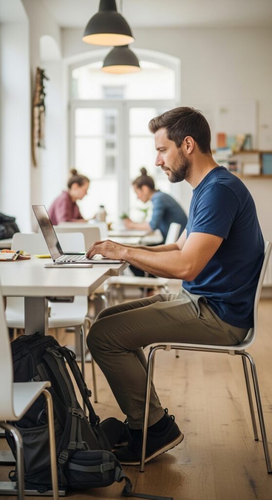 a man working on a laptop at a co-working space abroad with a backpack beside him for college students