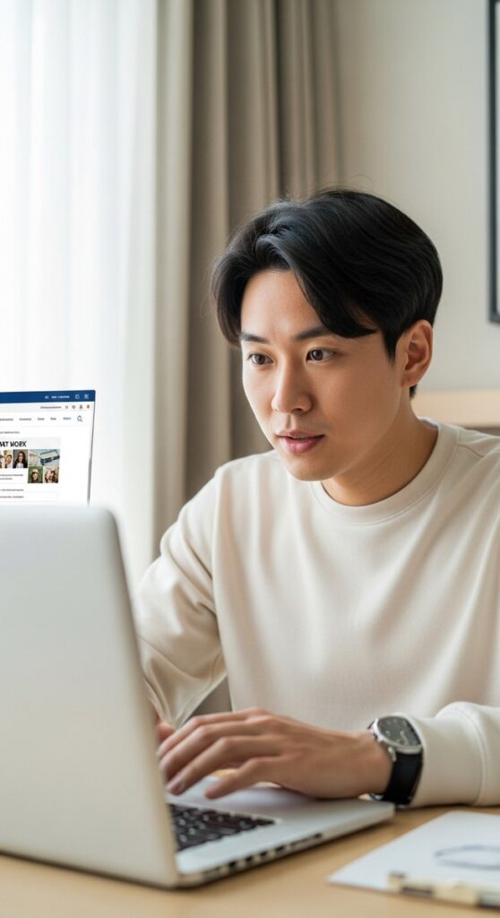 man reviewing a remote work website on a laptop at a hotel room desk