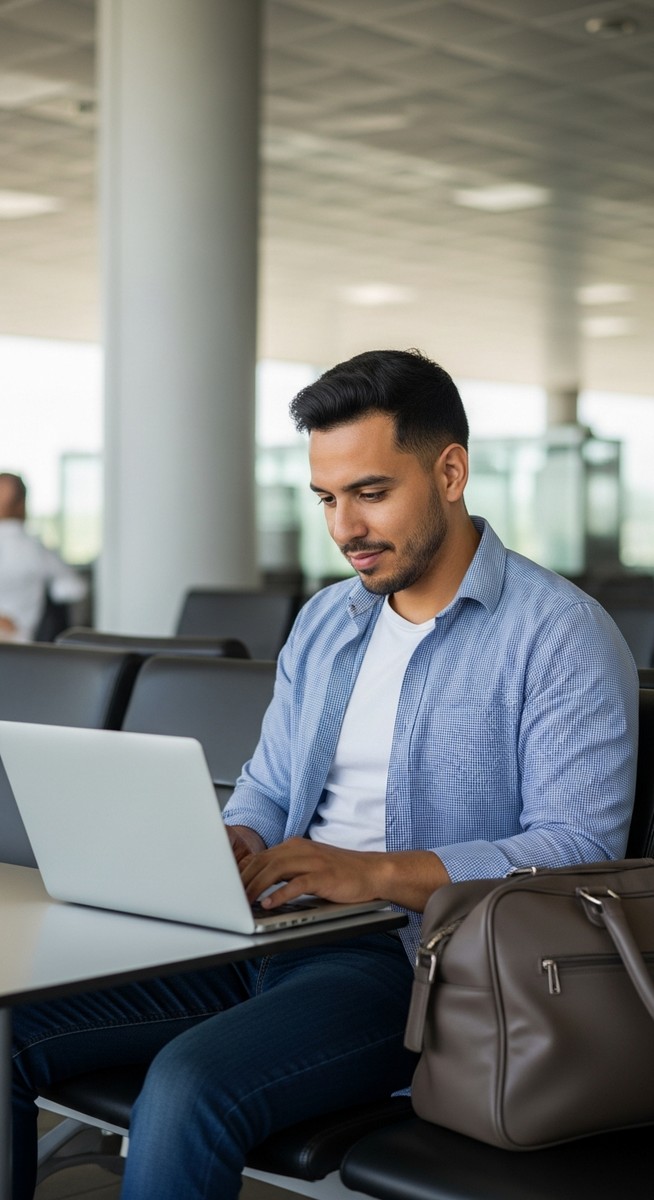 man working on a laptop in an airport departure lounge with a carry-on bag