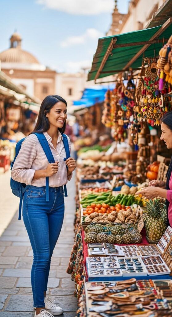 a woman smiling at a vendor at a colourful outdoor market abroad for college students