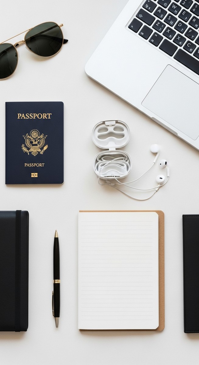 a flatlay of a passport, laptop, travel journal, sunglasses and earbuds on a light surface for college students