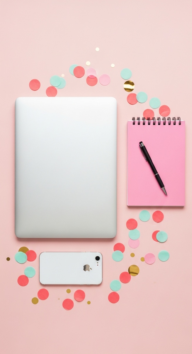 pink flatlay with laptop, notebook, and phone
