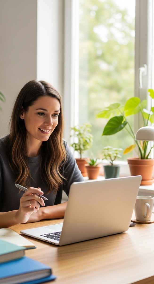 a woman smiling and thinking at her home office desk to work from home