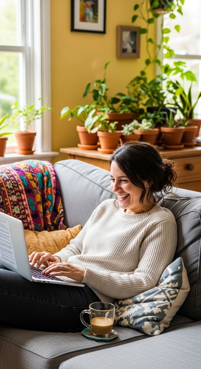a woman smiling while working on her laptop at home to work from home