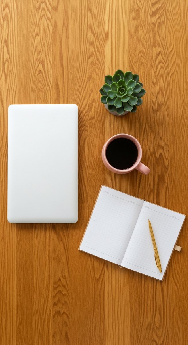 a flatlay of a planner, laptop, and succulent on a wooden surface to work from home