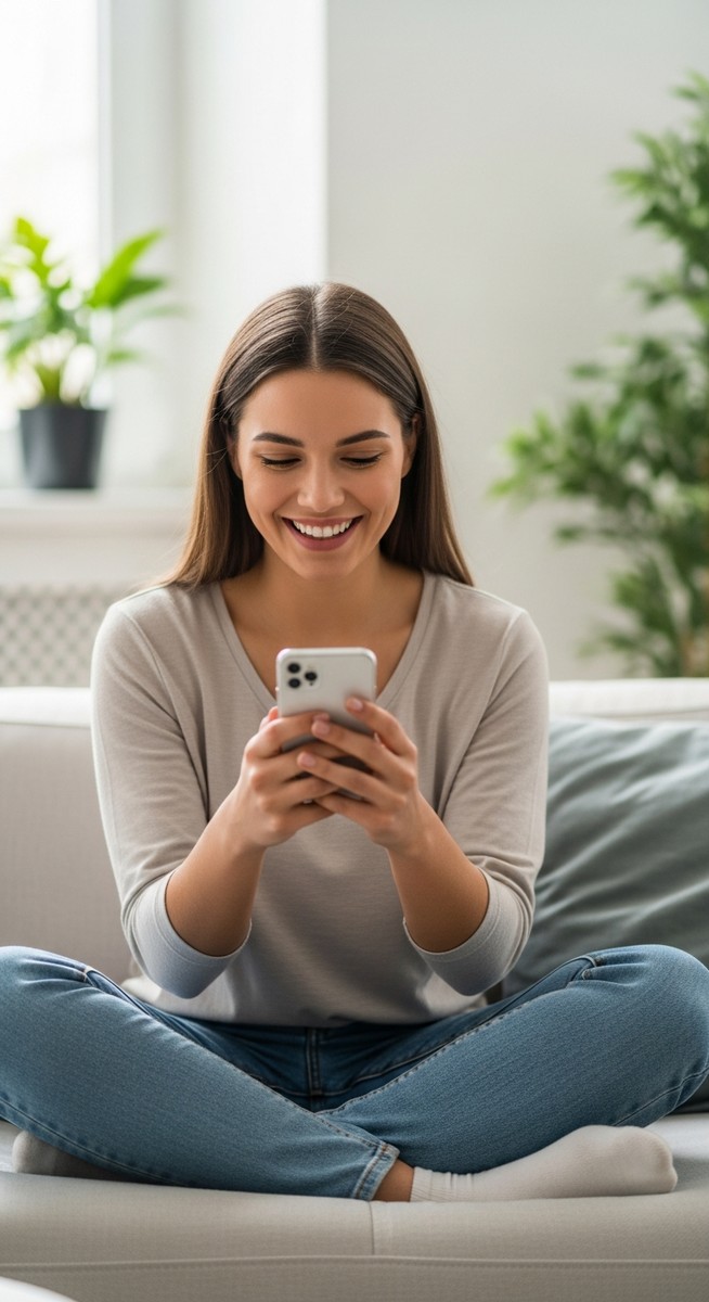 a woman smiling at her phone in a bright living room to work from home