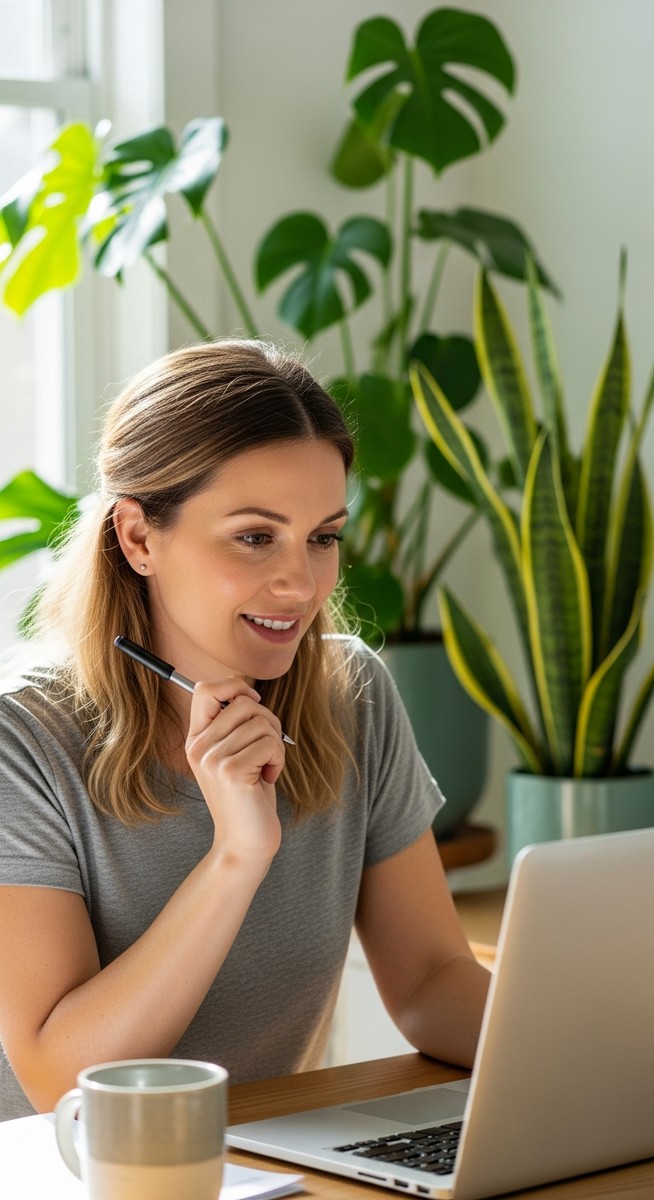 woman smiling and thinking at her home office desk