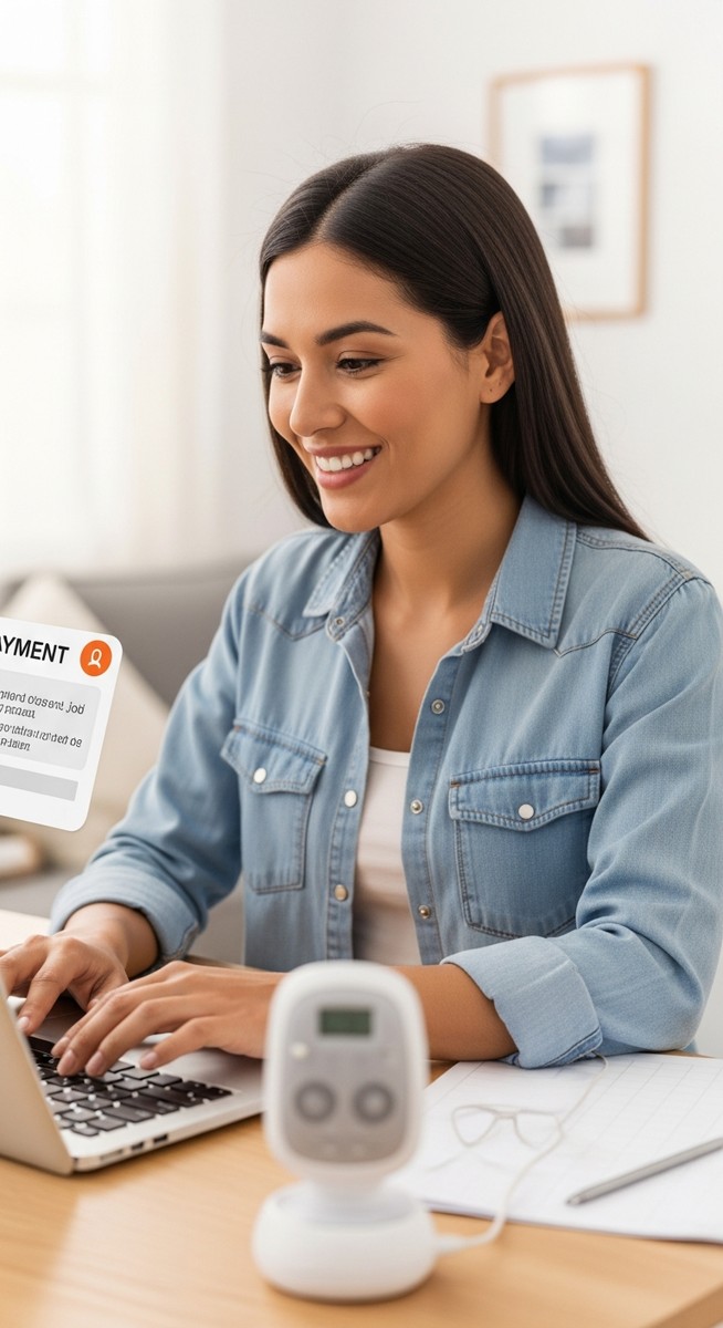 a woman smiling at a job notification on her laptop with a baby monitor on the desk beside her for part-time work