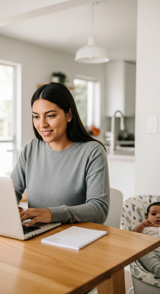 a woman working on a laptop at a kitchen table with a baby in a bouncer beside her for part-time work