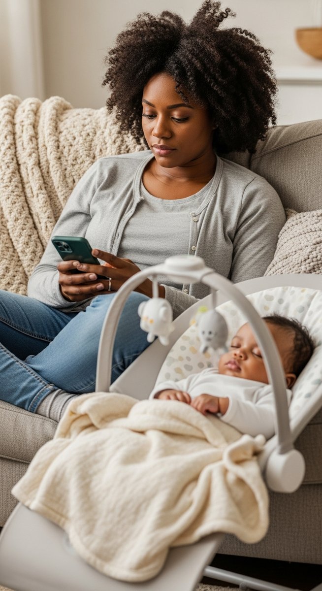 woman working on her phone on a sofa while a baby sleeps in a bouncer beside her