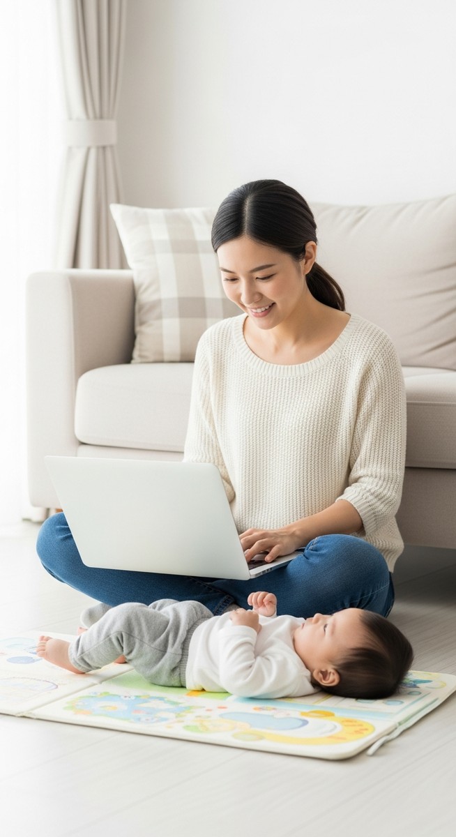 woman working on a laptop on the floor while a baby plays on a mat in front of her
