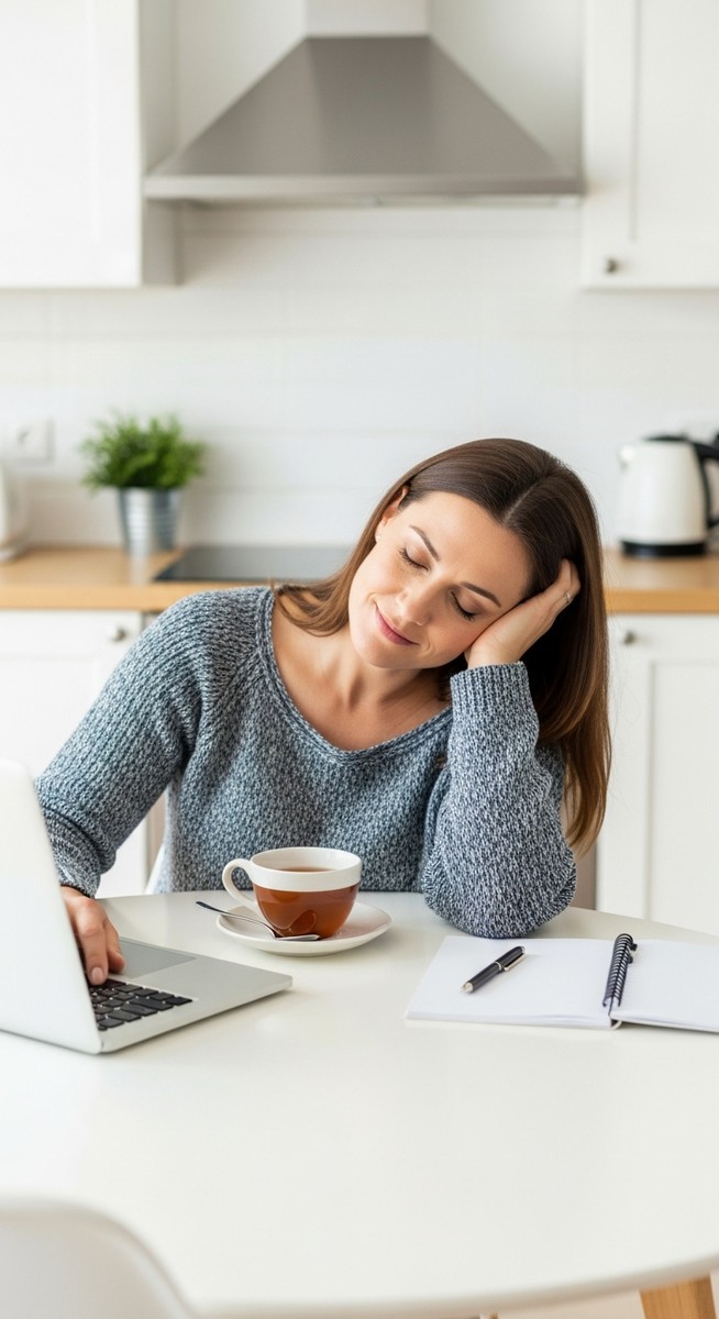 a woman working on a laptop with a cup of tea at a kitchen table during nap time for part-time work