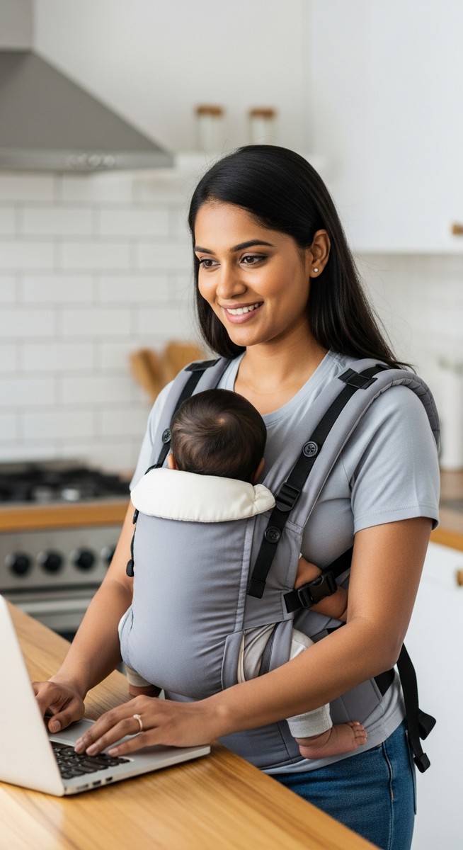 woman wearing a baby carrier with an infant while working on a laptop at a kitchen counter