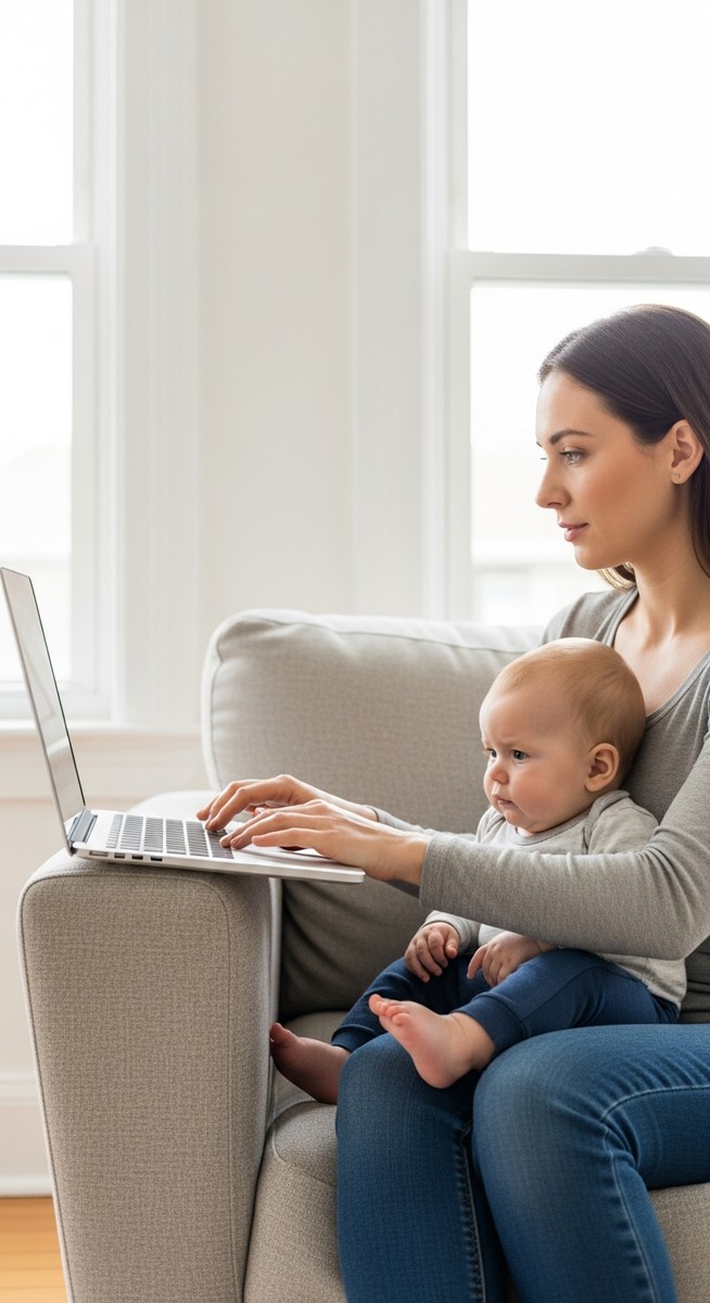 woman typing on a laptop while holding a baby on a sofa