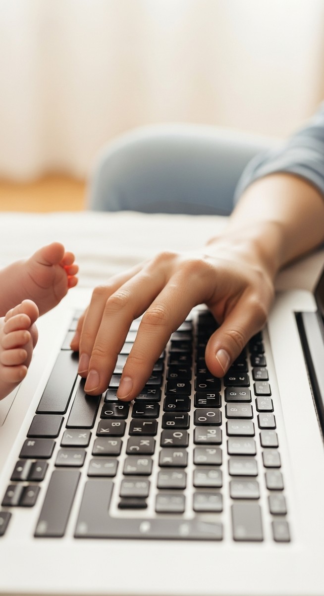 a woman's hand typing on a laptop with a baby's foot visible beside the keyboard for part-time work