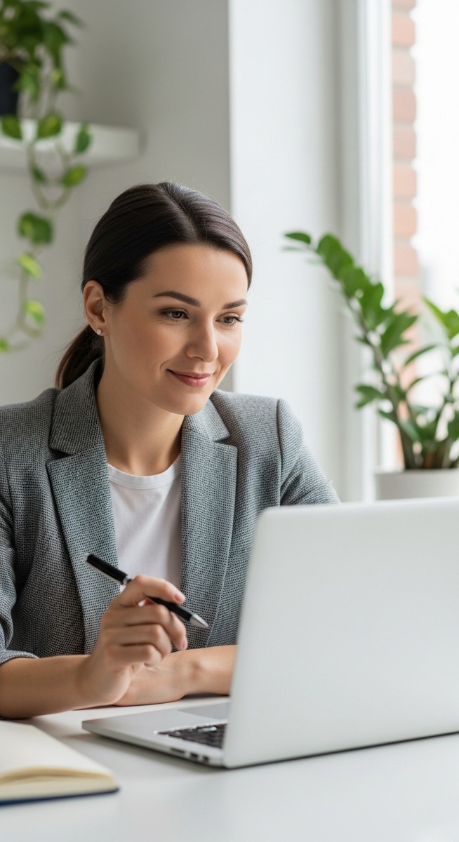 a woman smiling and thinking at her home office desk to work from home