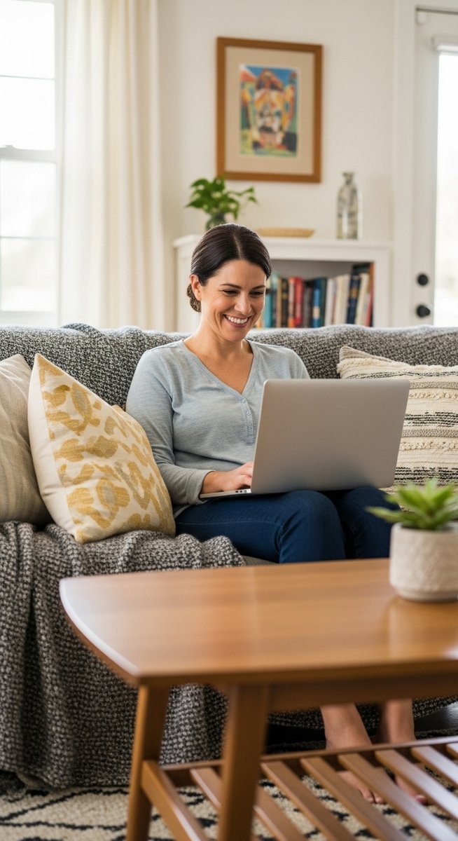 a woman smiling while working on her laptop at home to work from home