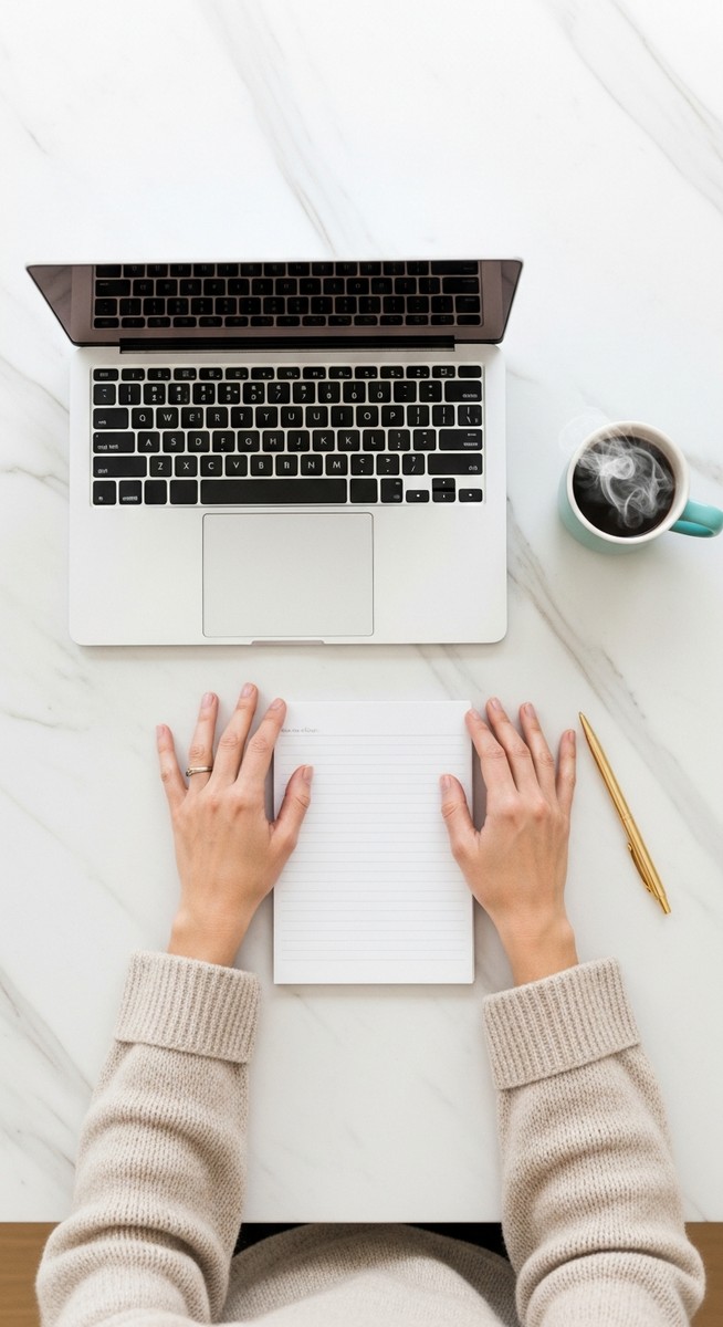 a flatlay of a laptop and teal mug on a marble surface to work from home