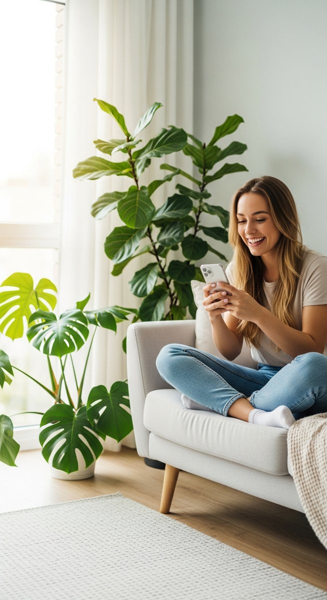 a woman smiling at her phone in a bright living room to work from home