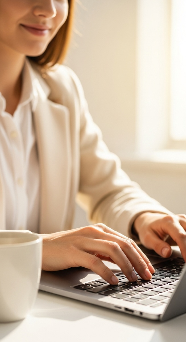 woman typing on a laptop at a bright clean desk