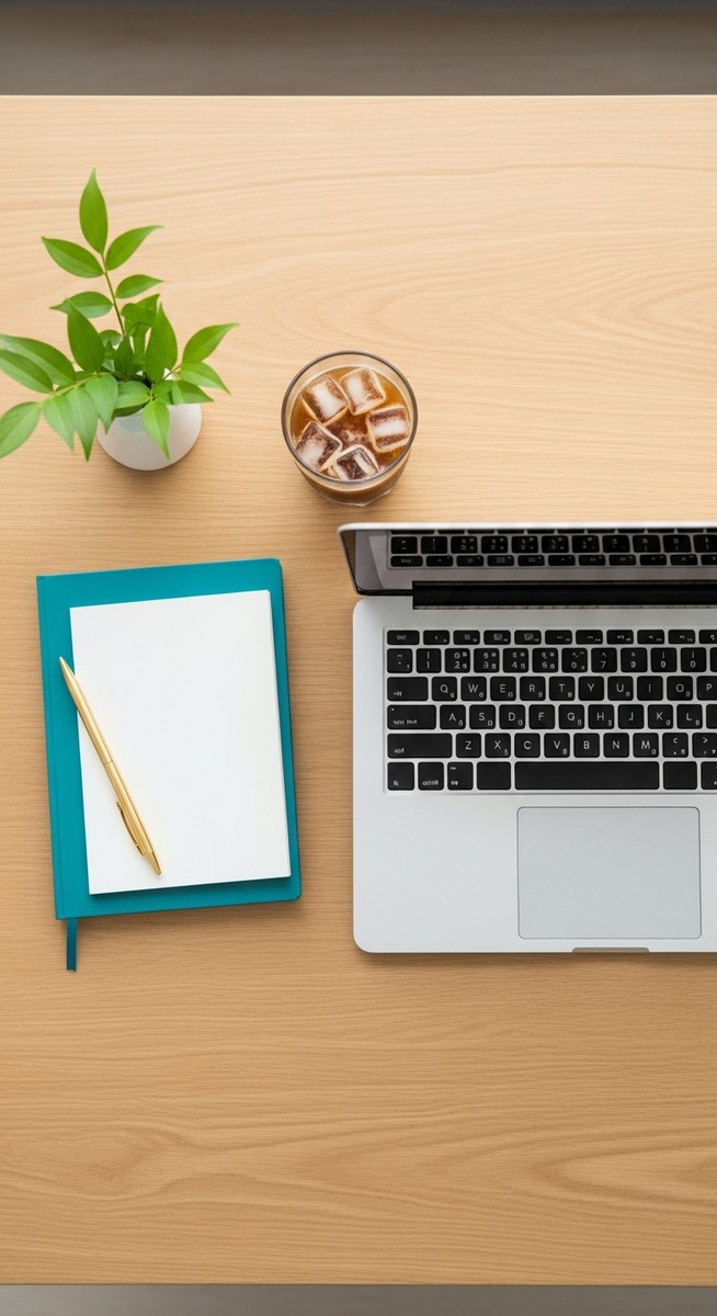 flatlay of a laptop and teal notebook on a wooden desk