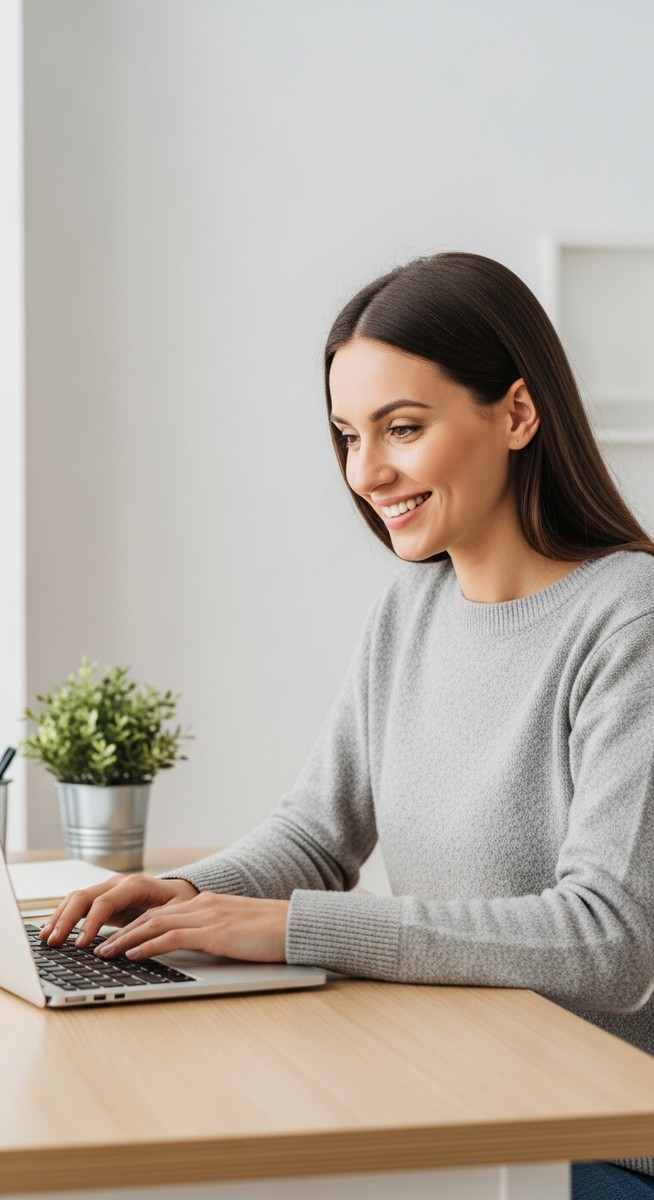 a woman looking satisfied at her laptop screen at home to work from home